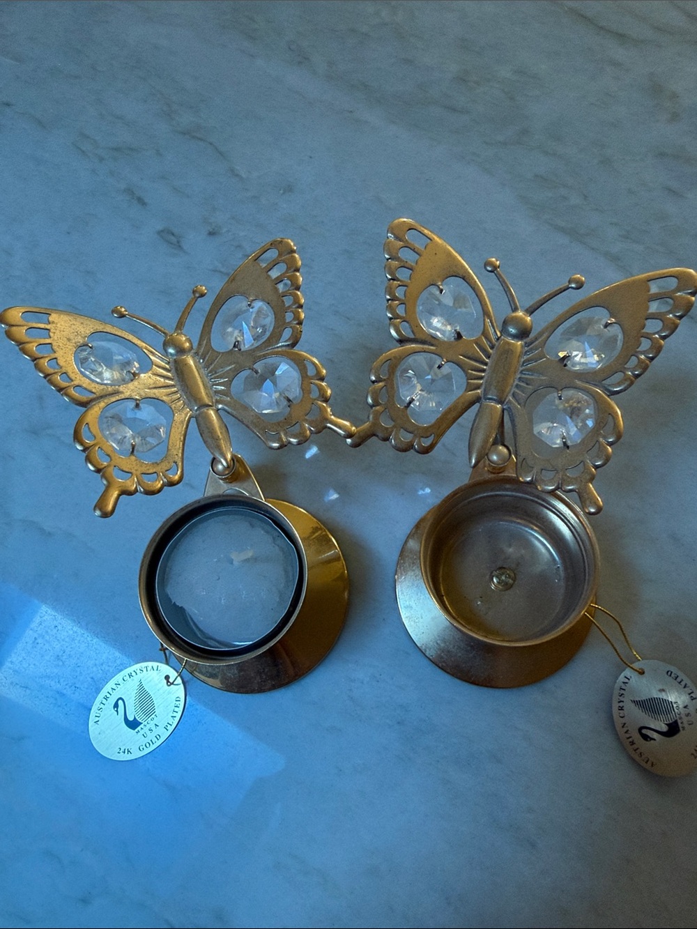 Gold Butterfly Tea Light Holders with Crystal Accents,vintage 24k gold plated,2